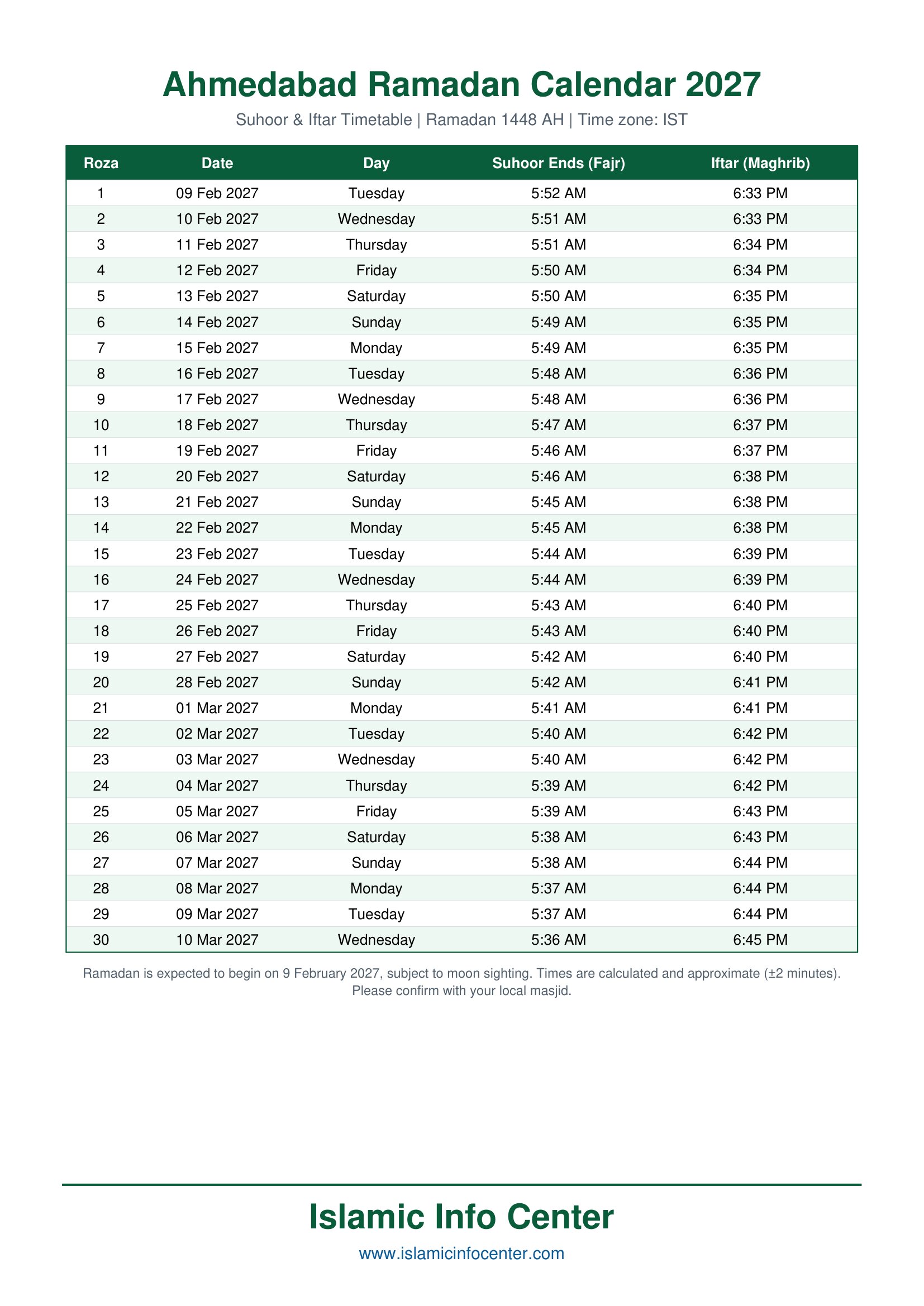 Ahmedabad Ramadan Calendar 2027 Suhoor and Iftar timings