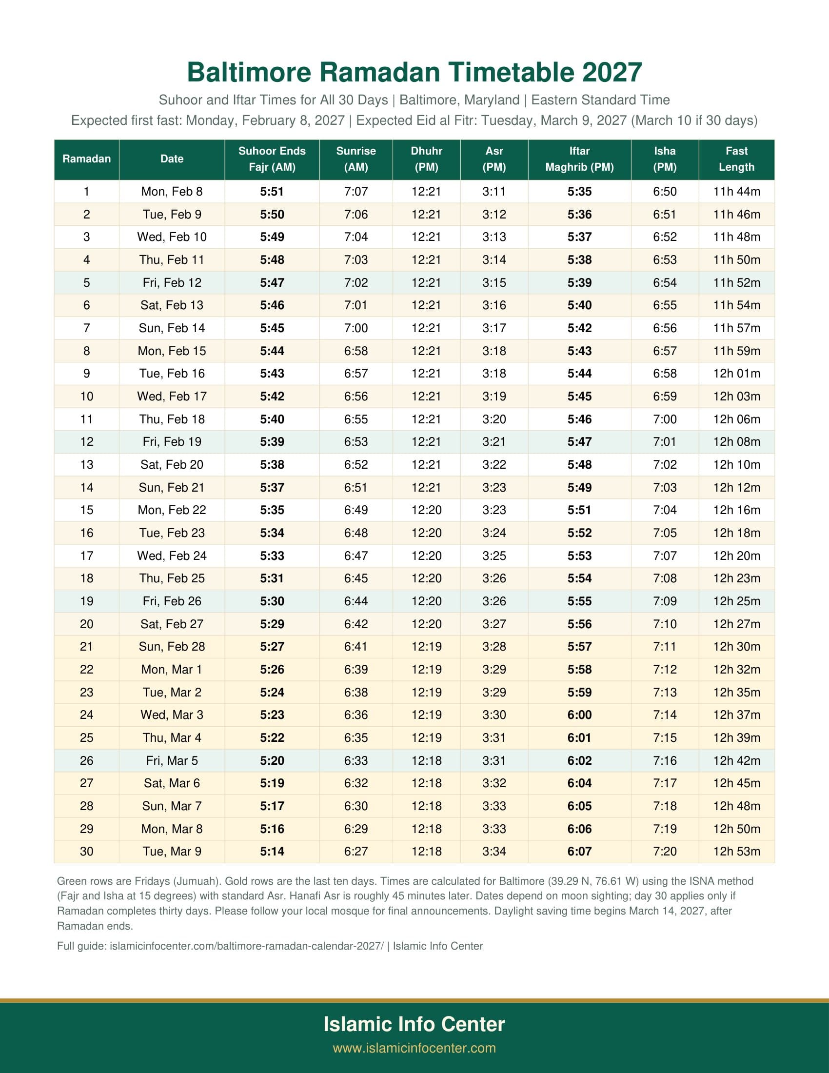 Islamic Info Center artwork for the Ramadan 2027 timetable guide