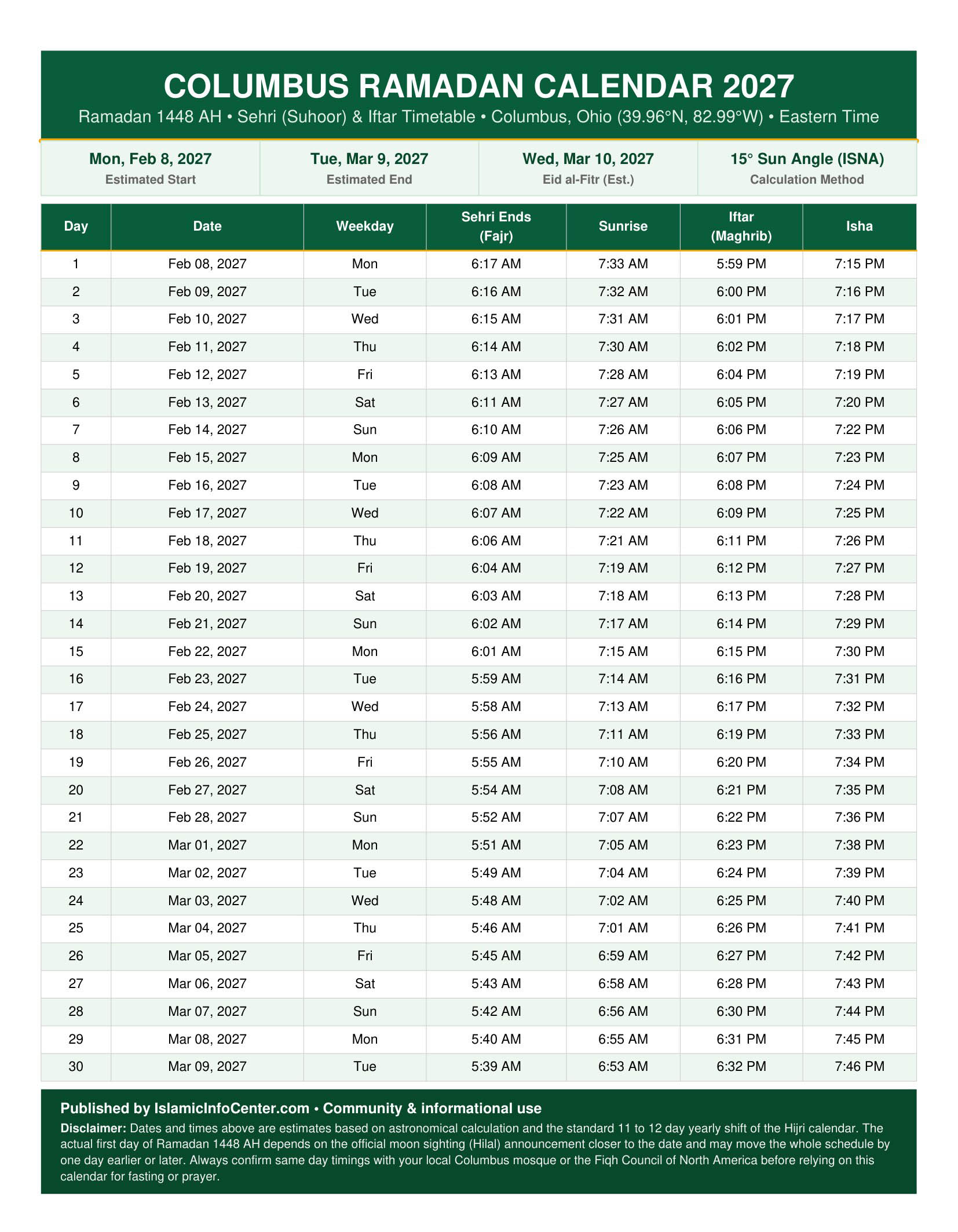Columbus Ramadan Calendar 2027