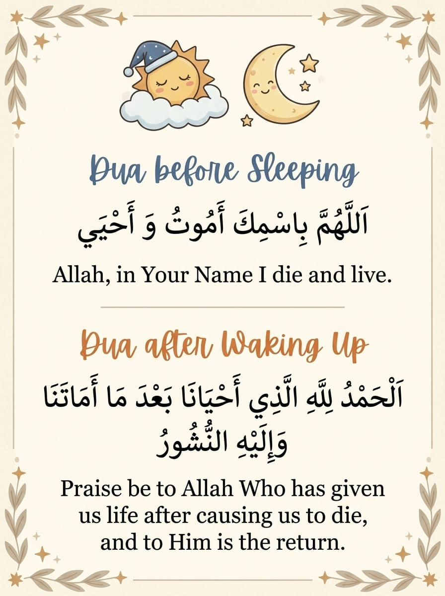 Muslim reading dua before sleeping at night with a Quran beside the bed
