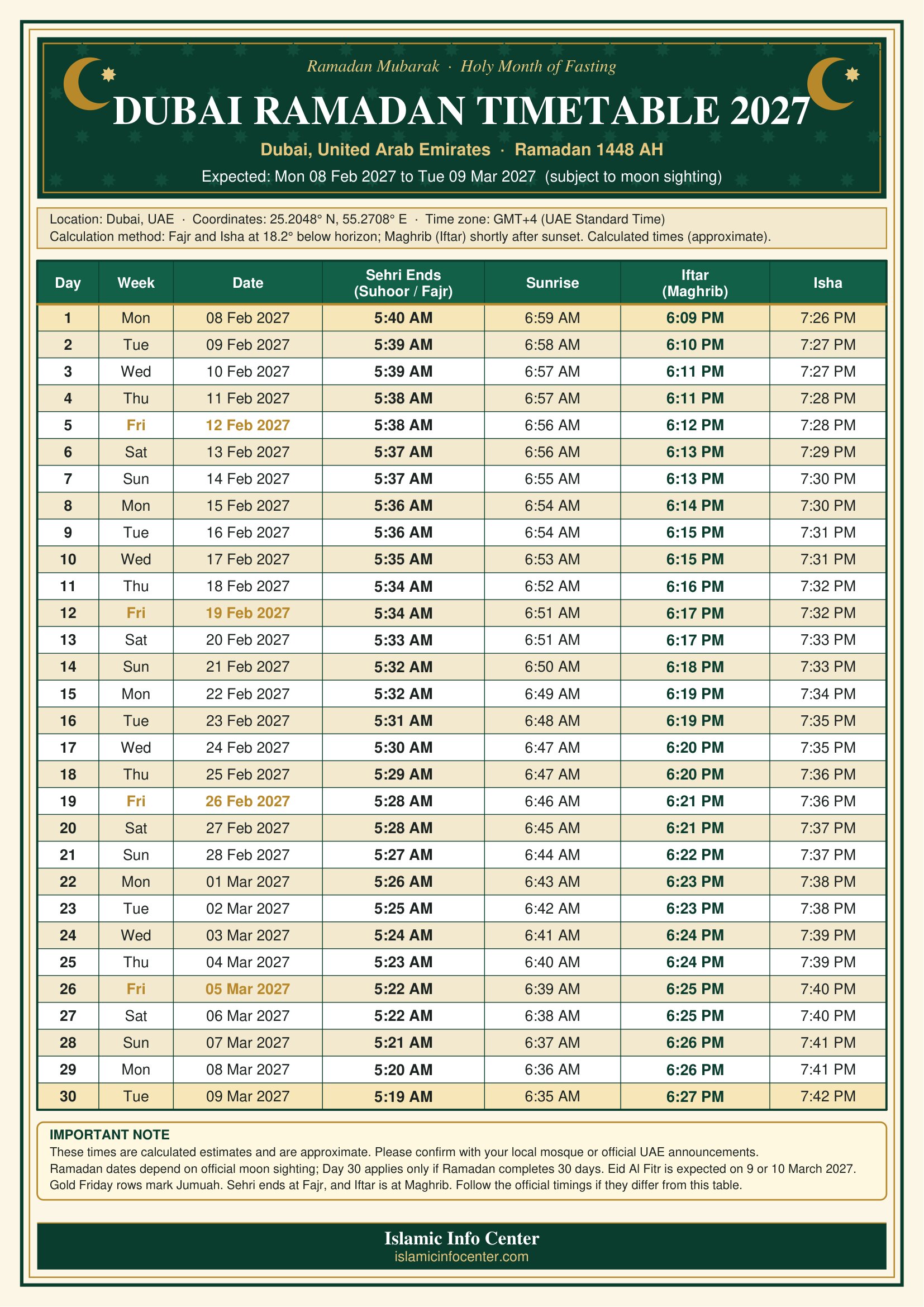 Dubai Ramadan prayer schedule 2027 for Fajr, Maghrib and Isha