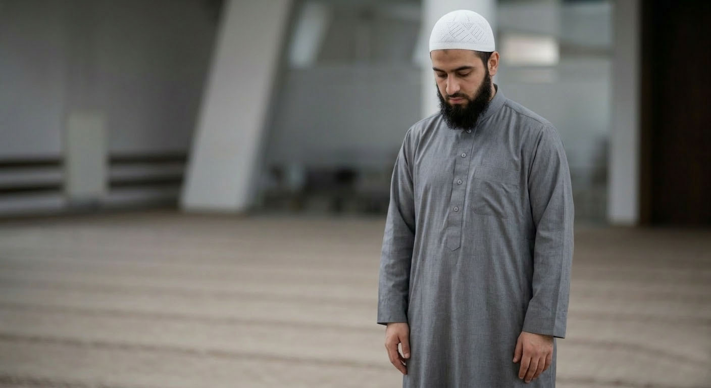 Man leaving hands at his sides after the final extra Takbir, preparing for Ruku