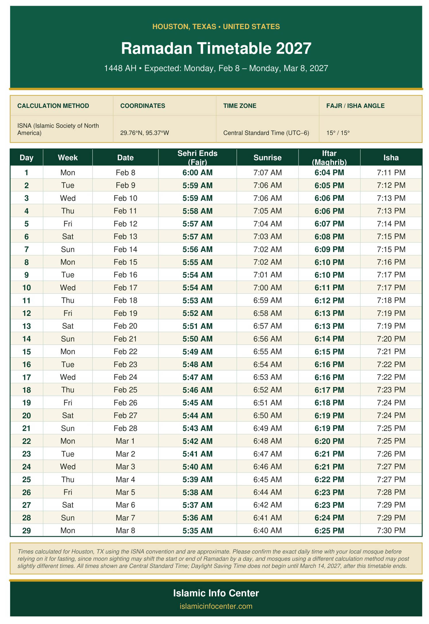 Houston Ramadan Timetable