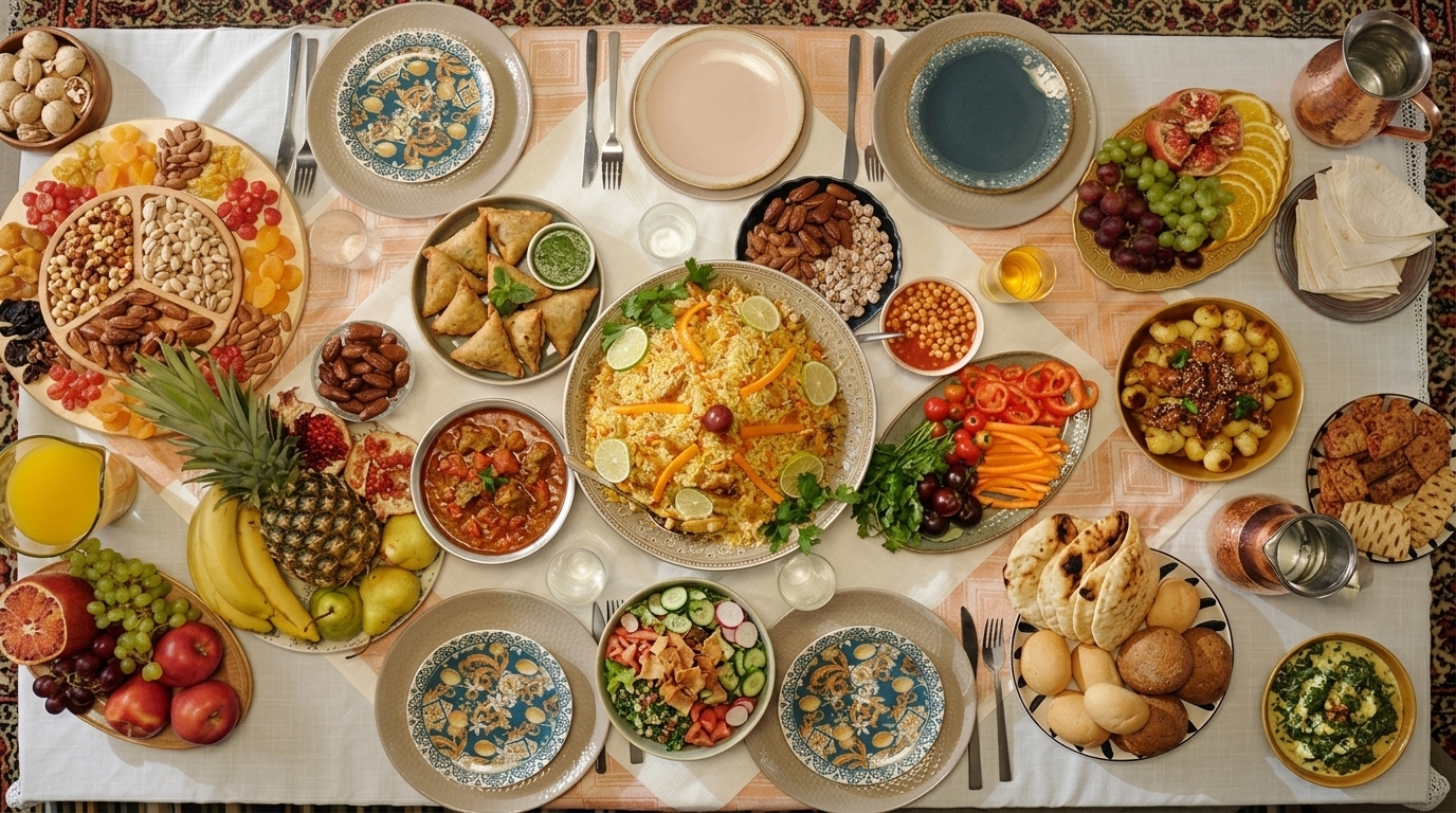 Traditional Iftar table with dates and water in Lahore