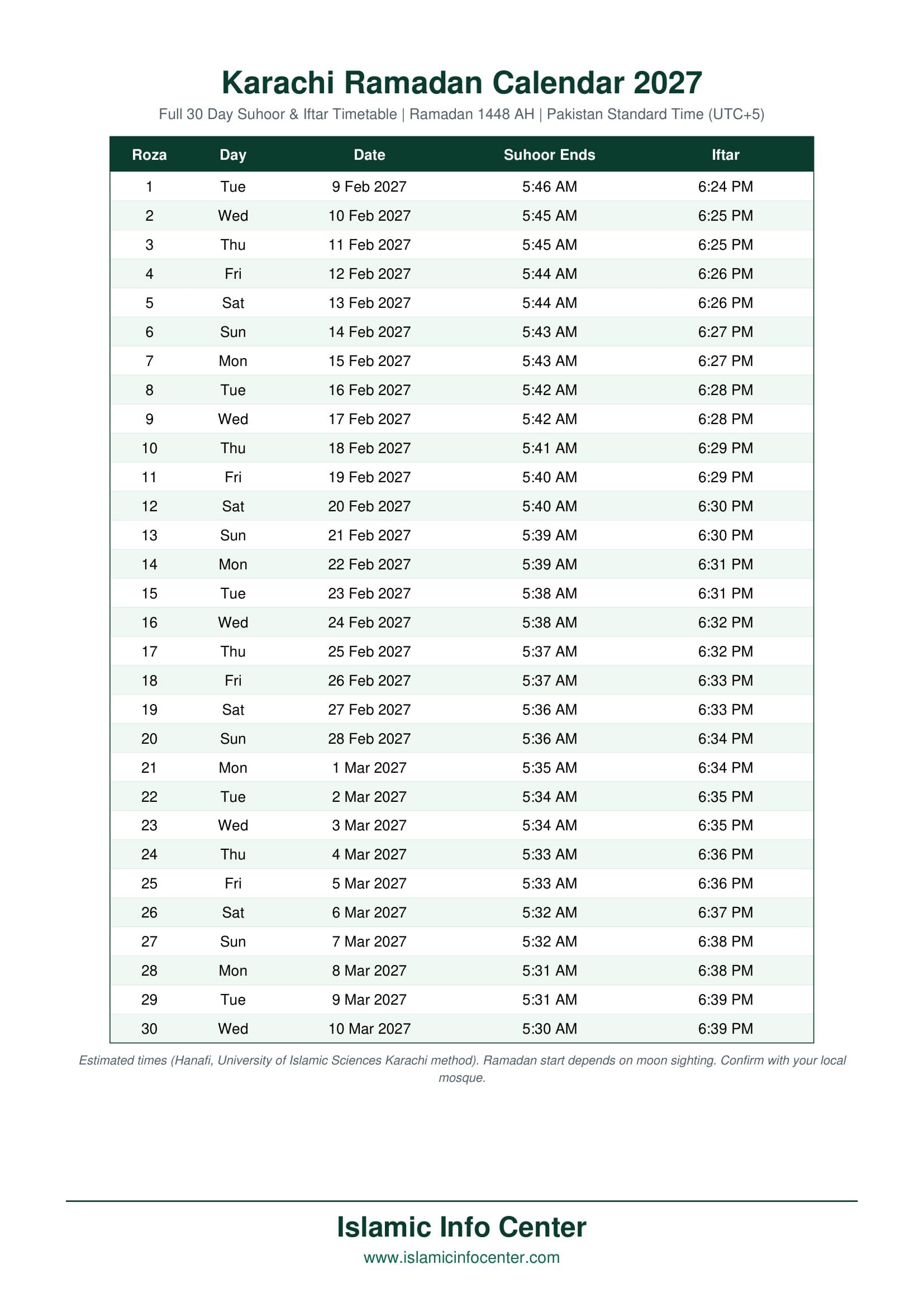 Karachi Ramadan Calendar 2027