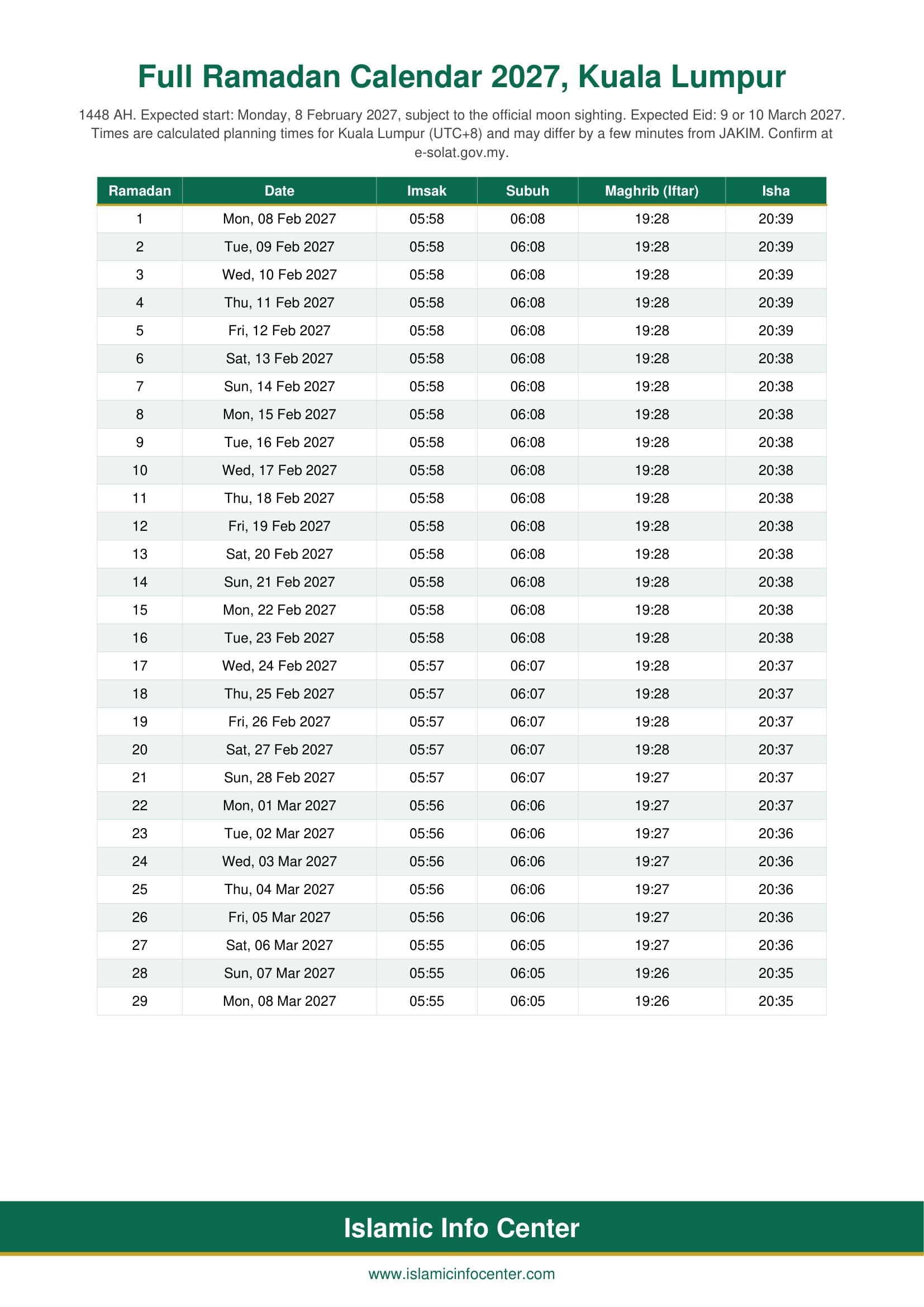 Kuala Lumpur Ramadan calendar 2027 Suhoor and Iftar guide