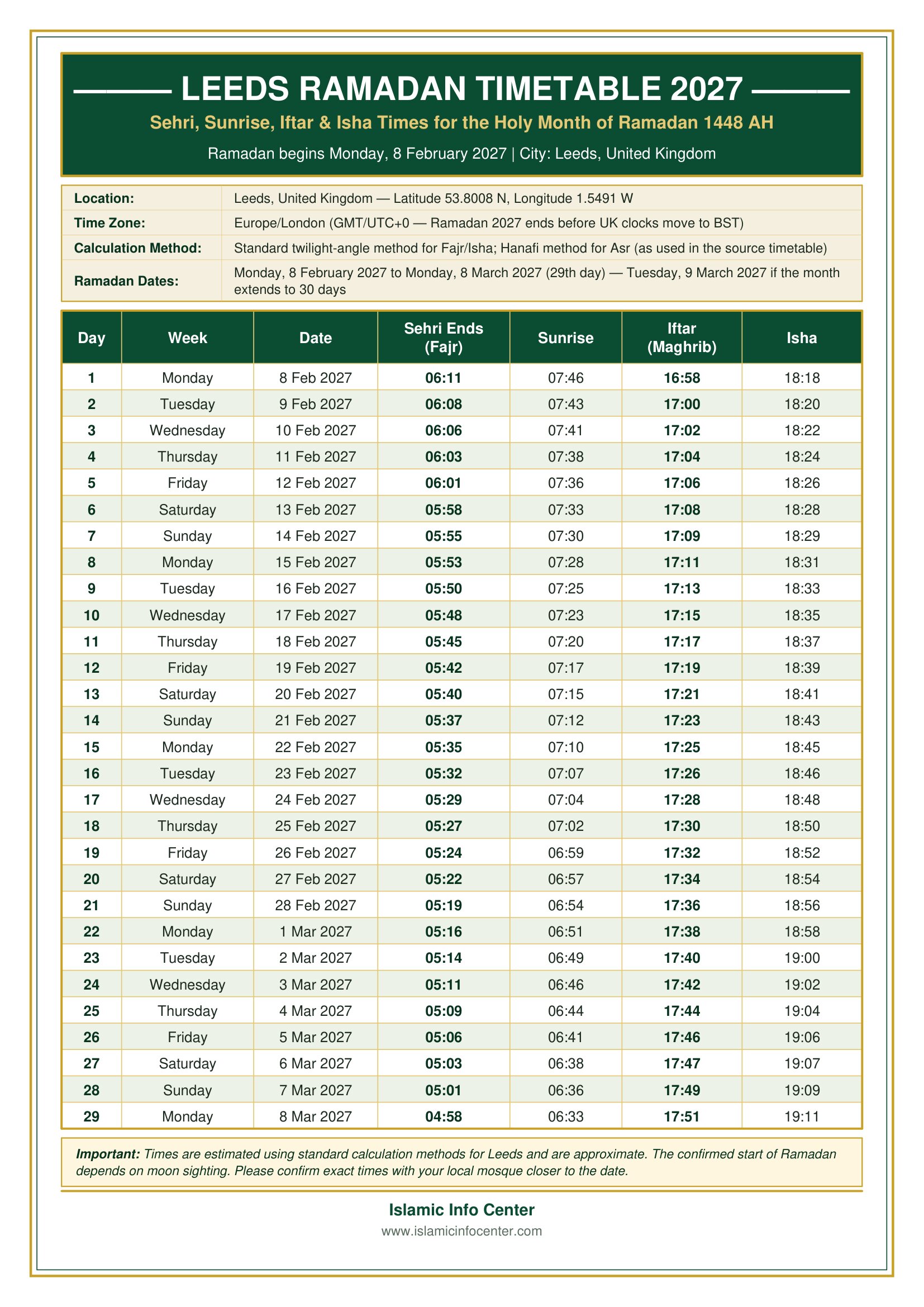 Leeds Ramadan Timetable 2027
