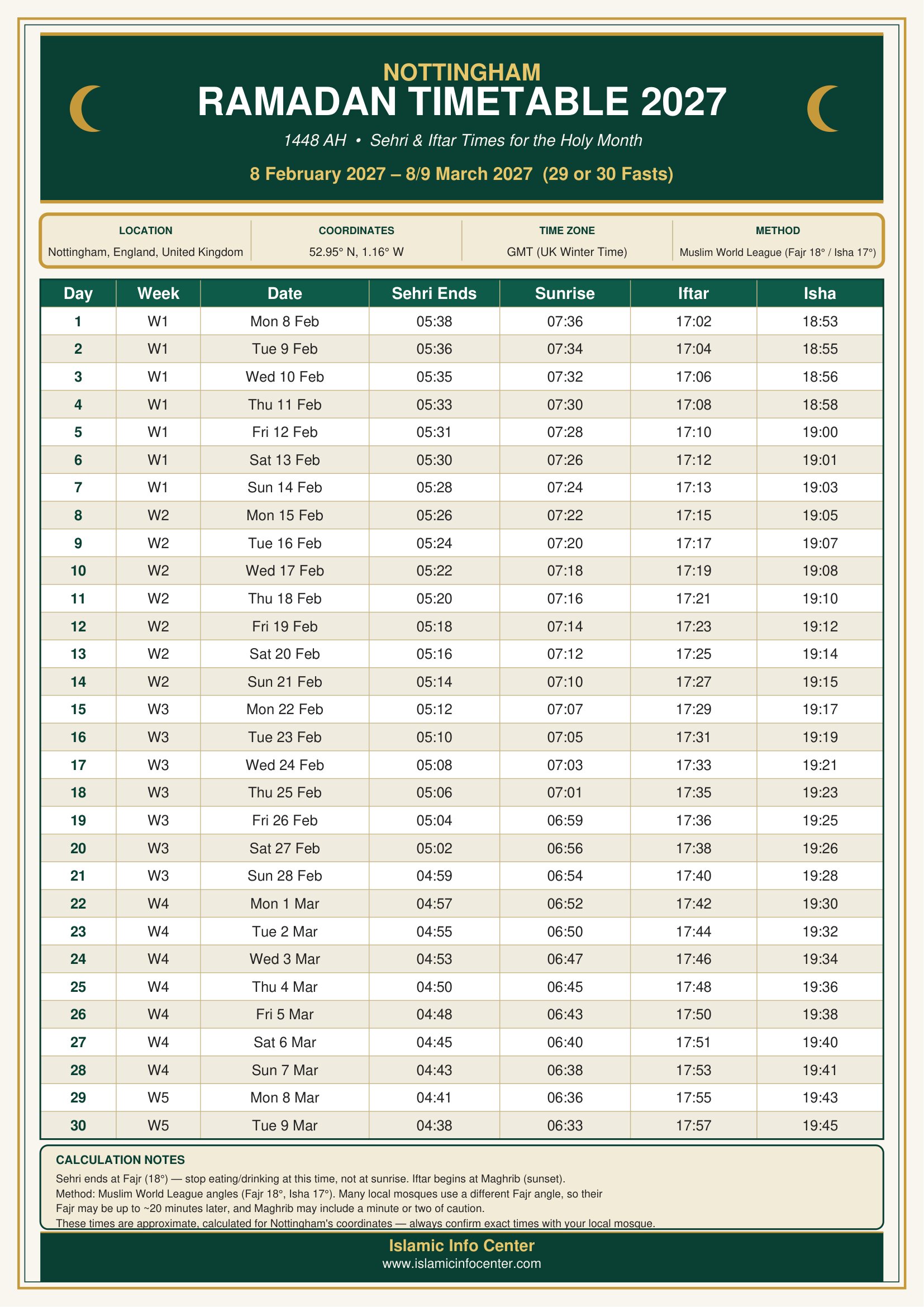 Nottingham Ramadan Timetable 2027 crescent moon and calendar background