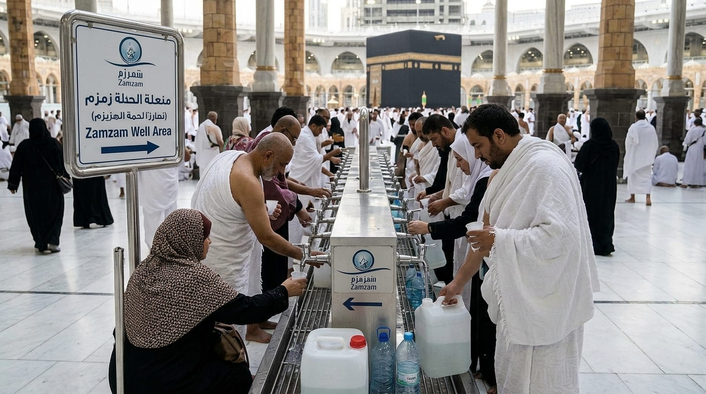 Pilgrims collecting Zamzam water near the Zamzam well in Masjid al-Haram, Makkah