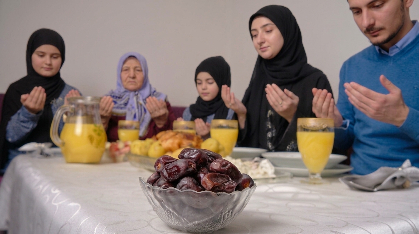 Family breaking fast together at Iftar in Ramadan