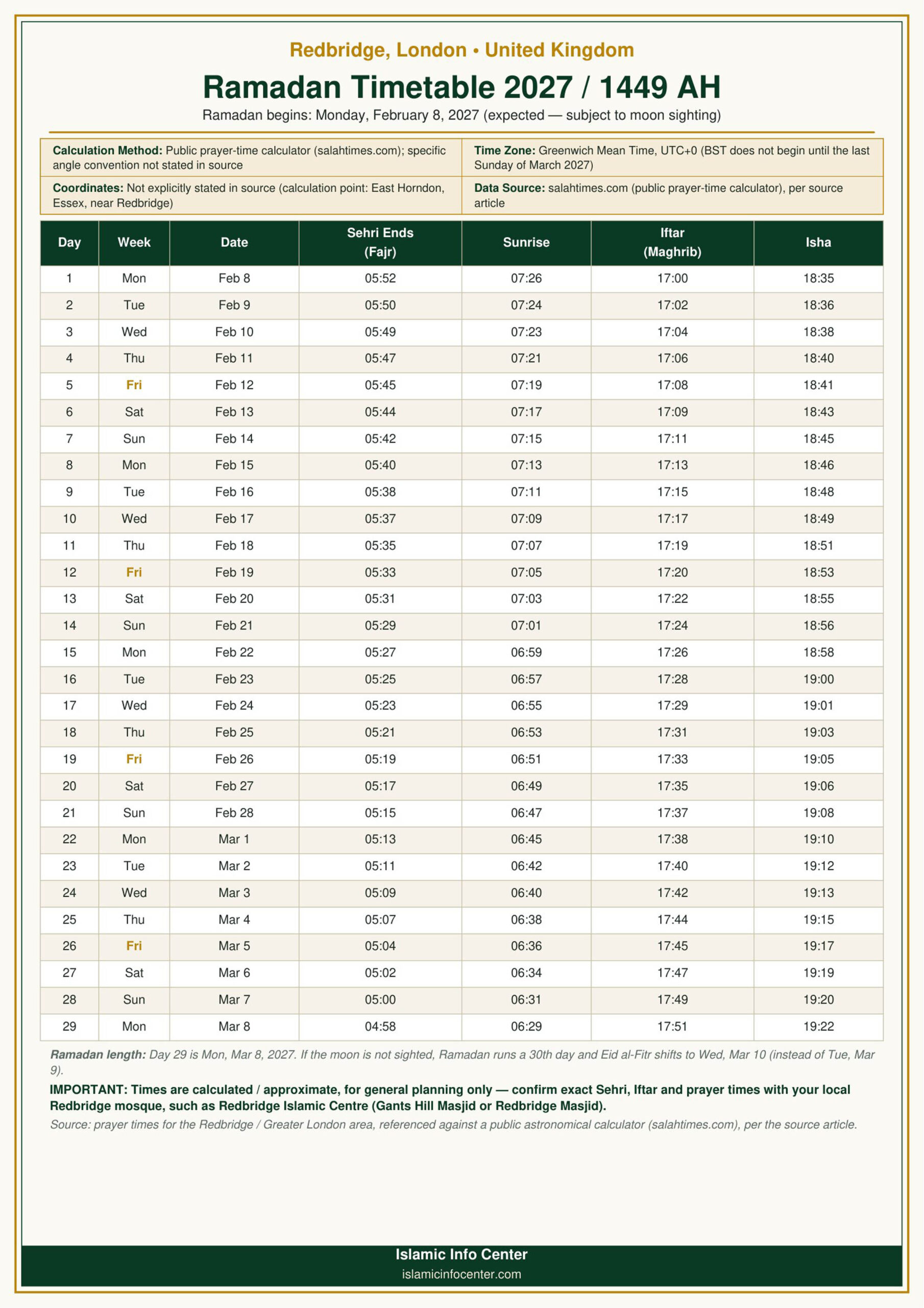 Redbridge Ramadan Calendar 2027