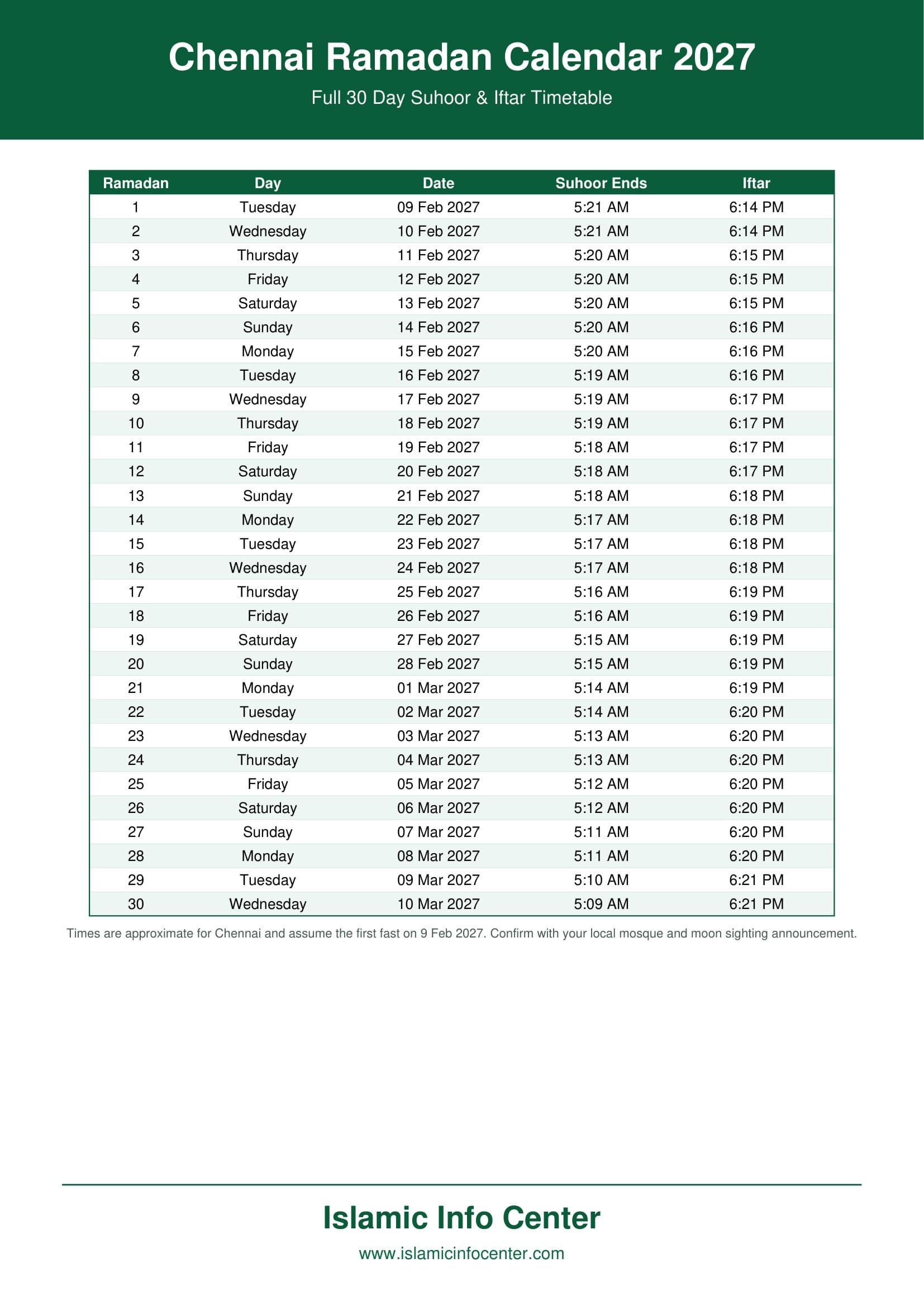 Chennai Ramadan timetable 2027 printable chart